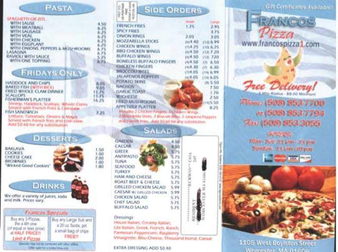 Franco's Pizza - Worcester, MA menu_pic
