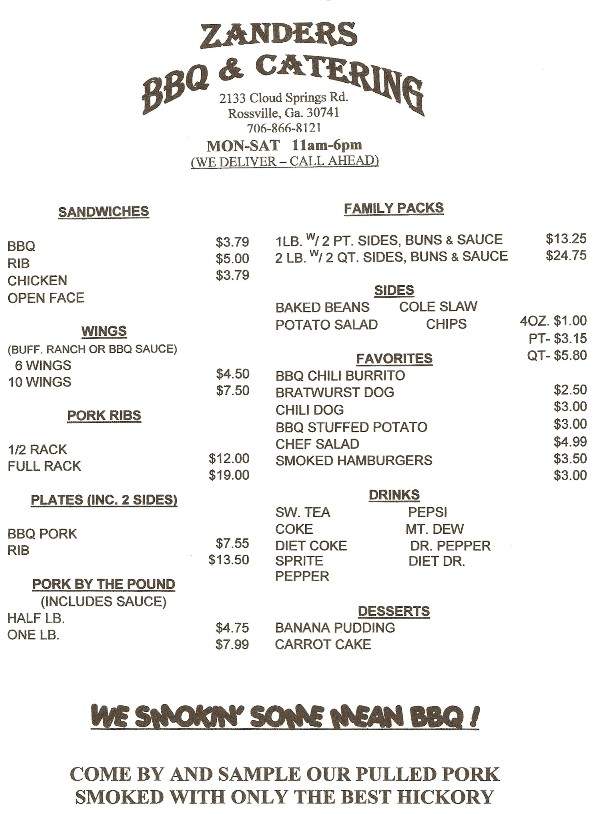 Zanders BBQ & Catering - Rossville, GA menu_pic