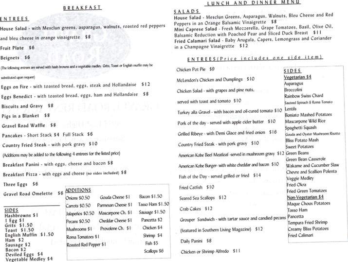 Gravel Road Restaurant - Santa Rosa Beach, FL menu_pic