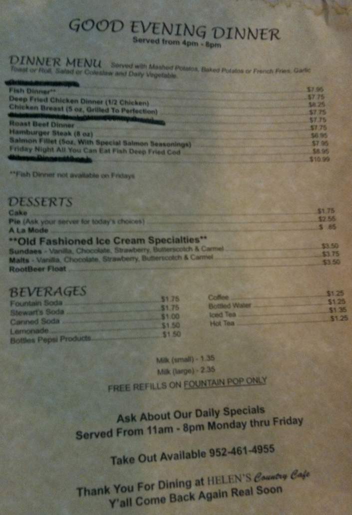 Helen's Country Cafe - New Market, MN menu_pic