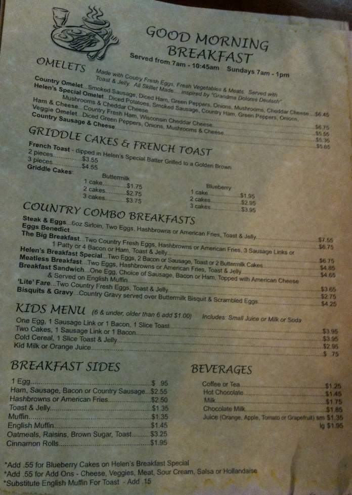 Helen's Country Cafe - New Market, MN menu_pic