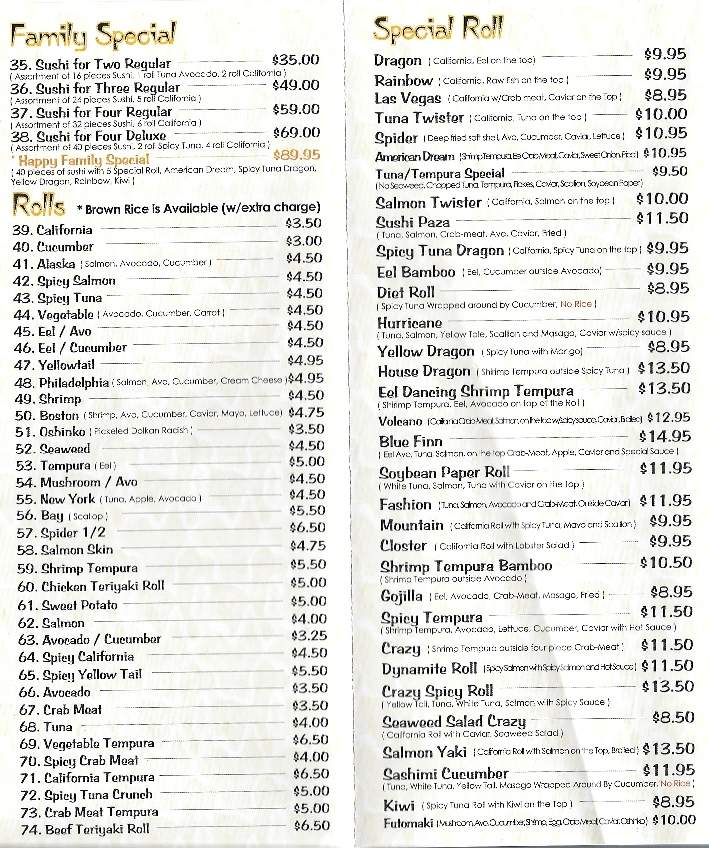 Sushi Plaza - Closter, NJ menu_pic