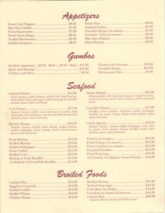 Soop's Seafood & Steakhouse - Maurice, LA menu_pic