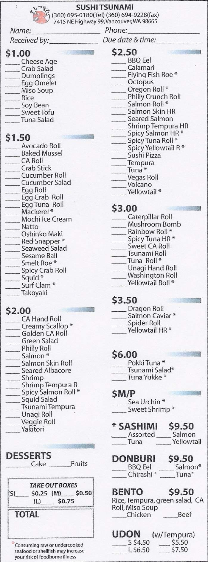 Tsunami menu near me