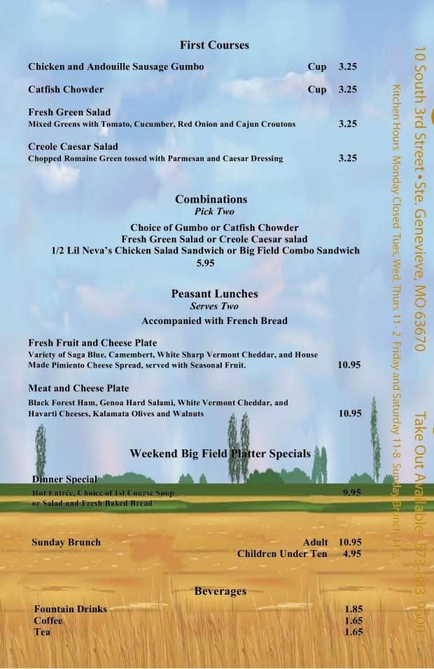 /380011685/Big-Field-Cafe-and-Wine-Bar-Menu-Sainte-Genevieve-MO - Sainte Genevieve, MO