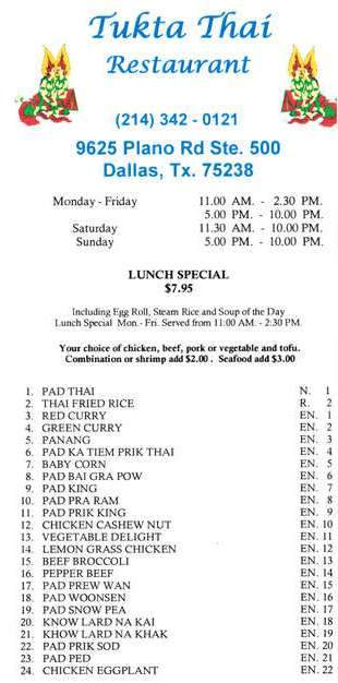 Tukta Thai - Dallas, TX menu_pic