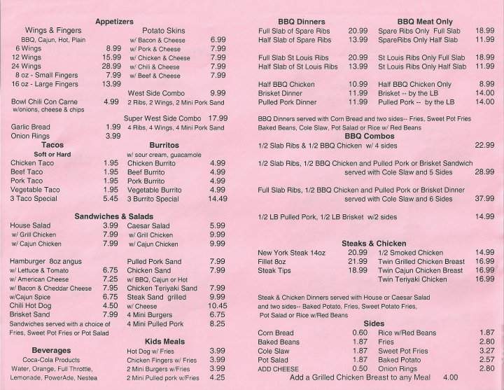 West Side Steak & BBQ - Worcester, MA menu_pic