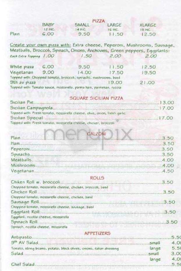 9th Avenue Pizzeria - New York, NY menu_pic