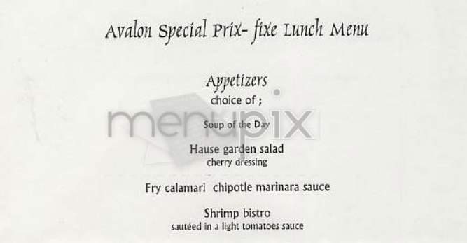 Avalon Bar & Grill - New York, NY menu_pic