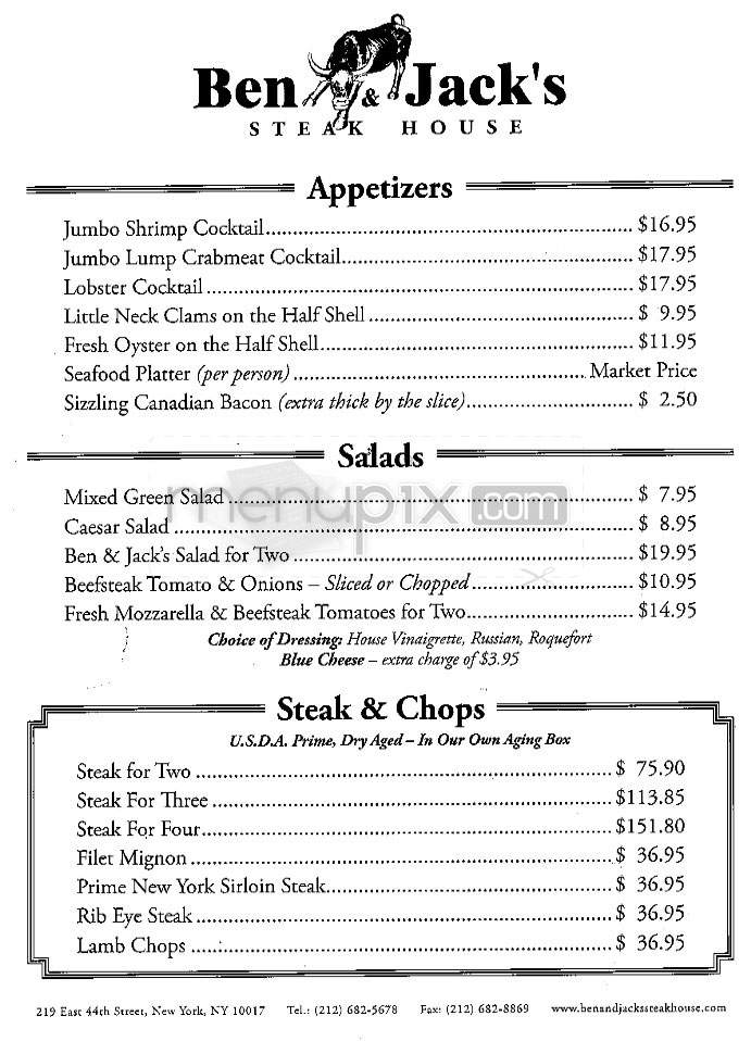 Ben & Jack's Steak House - New York, NY menu_pic