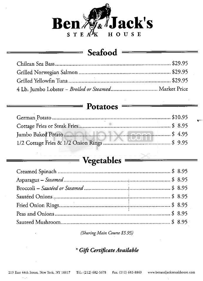 Ben & Jack's Steak House - New York, NY menu_pic