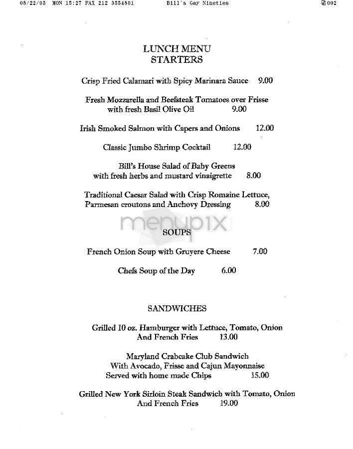 Bill's Gay Nineties - New York, NY menu_pic