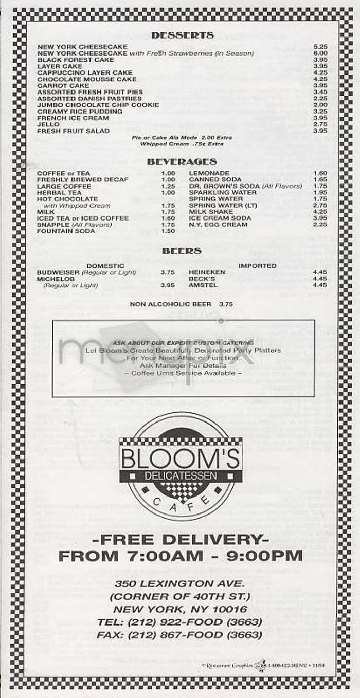 Bloom's Delicatessen - New York, NY menu_pic