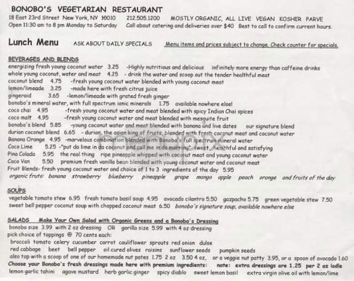 Bonobo's - New York, NY menu_pic
