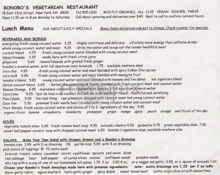 Bonobo's - New York, NY menu_pic