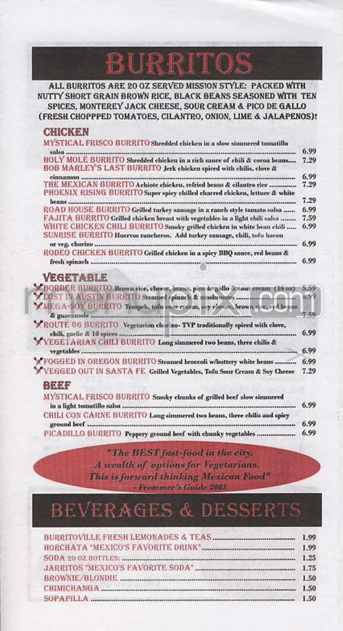 Burritoville - New York, NY menu_pic