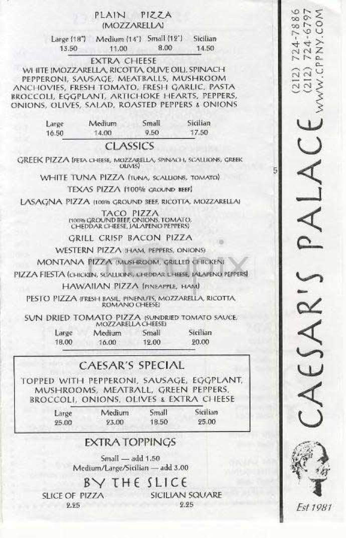 Caesar's Palace Pizza - New York, NY menu_pic