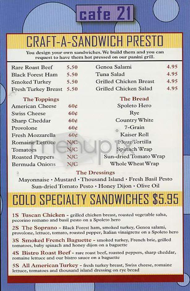 Cafe 21 - New York, NY menu_pic