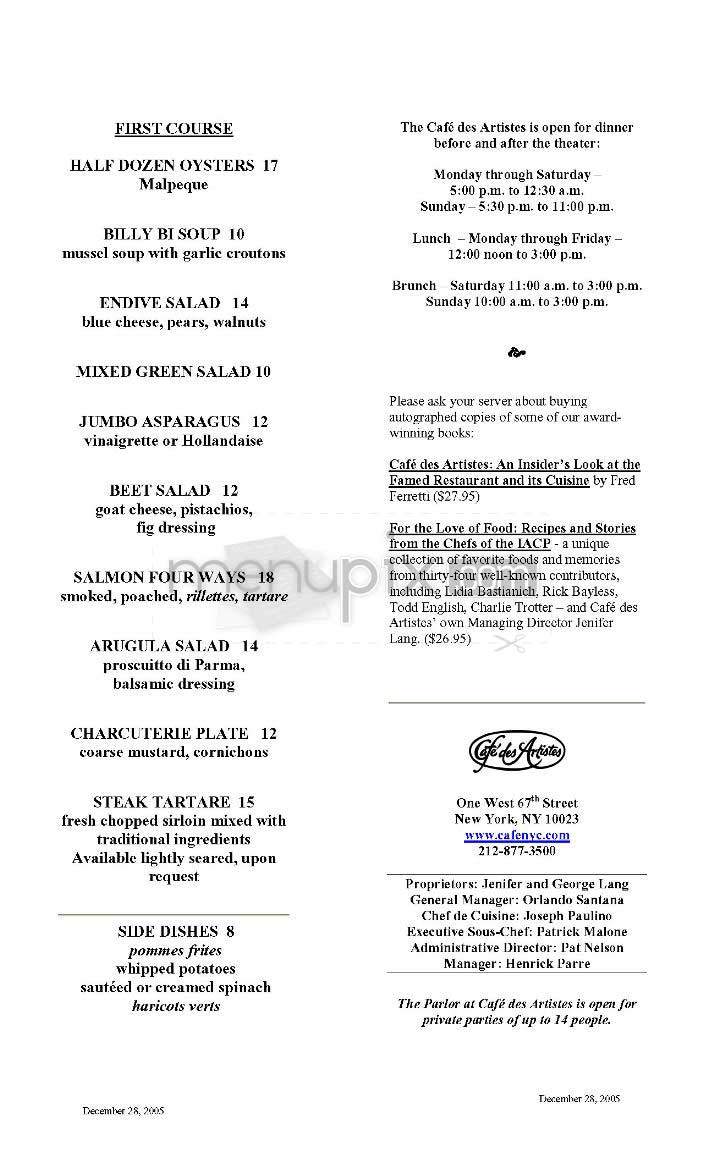 Cafe Des Artistes - New York, NY menu_pic