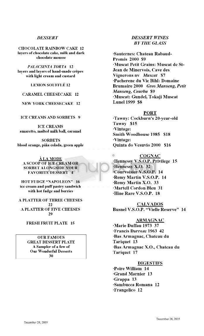 Cafe Des Artistes - New York, NY menu_pic