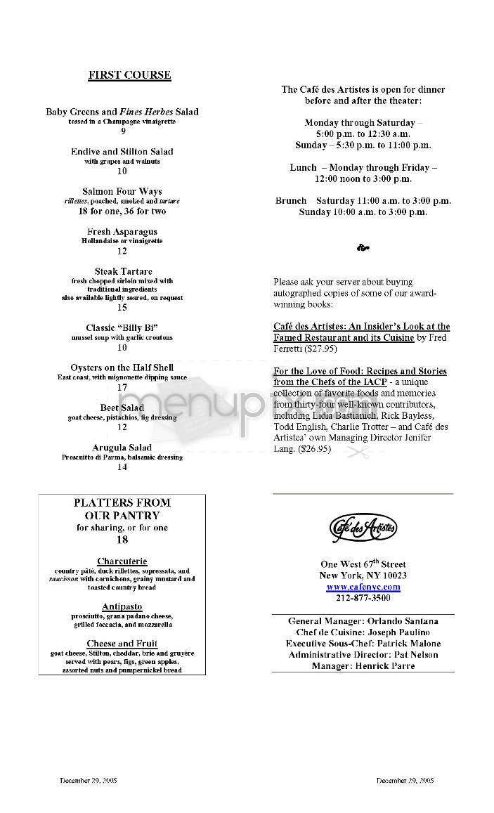 Cafe Des Artistes - New York, NY menu_pic
