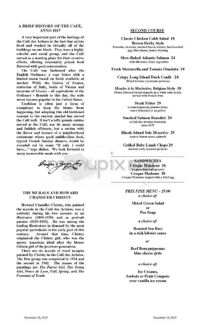 Cafe Des Artistes - New York, NY menu_pic