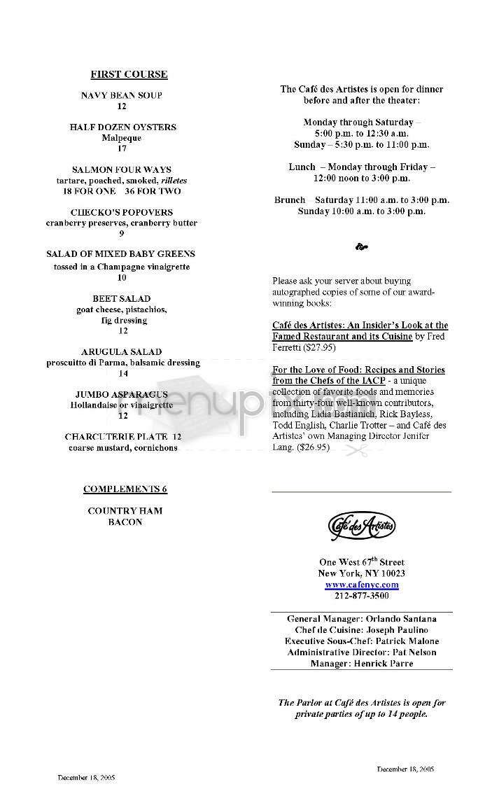 Cafe Des Artistes - New York, NY menu_pic