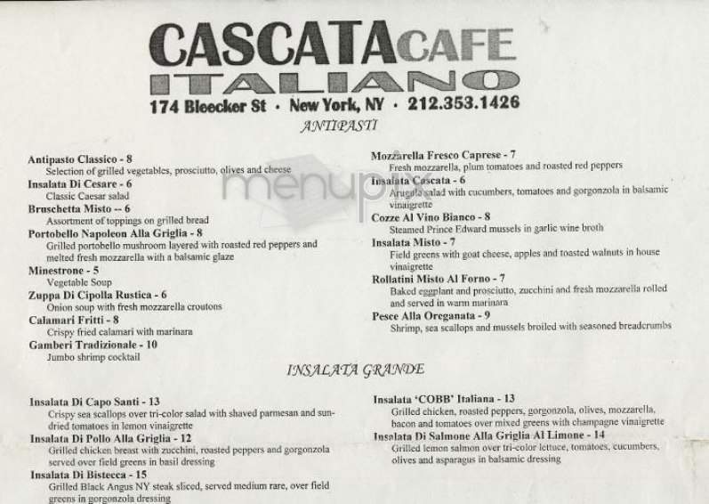 Cascata Cafe Italiano - New York, NY menu_pic
