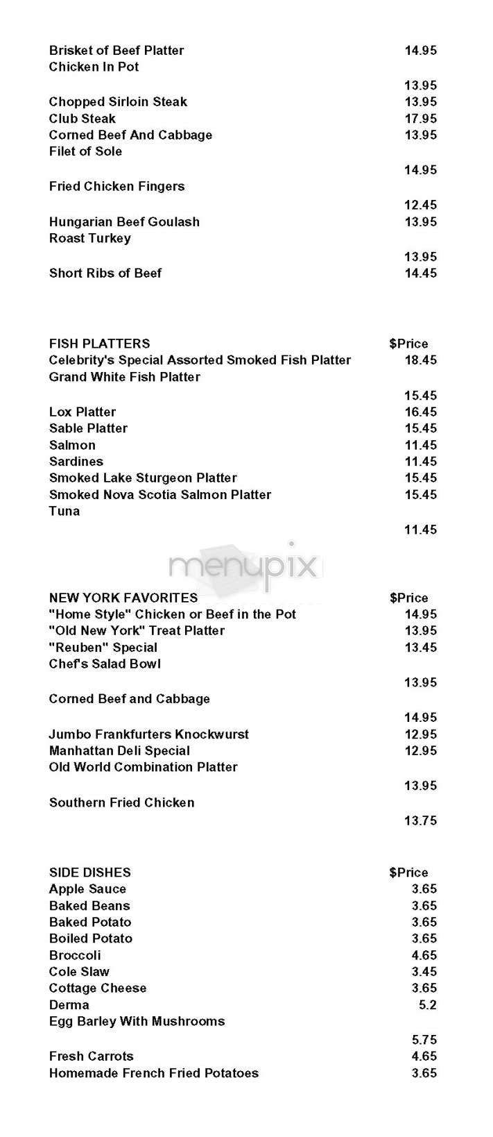 Celebrity Delicatessen - New York, NY menu_pic