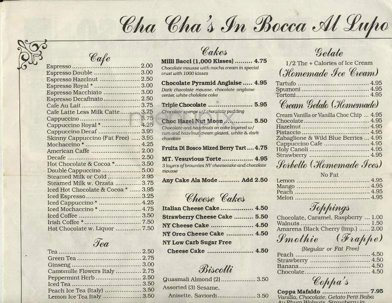 Cha Cha's In Bocca Al Lupo - New York, NY menu_pic