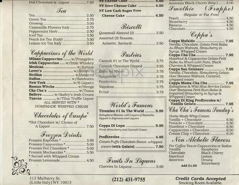 Cha Cha's In Bocca Al Lupo - New York, NY menu_pic