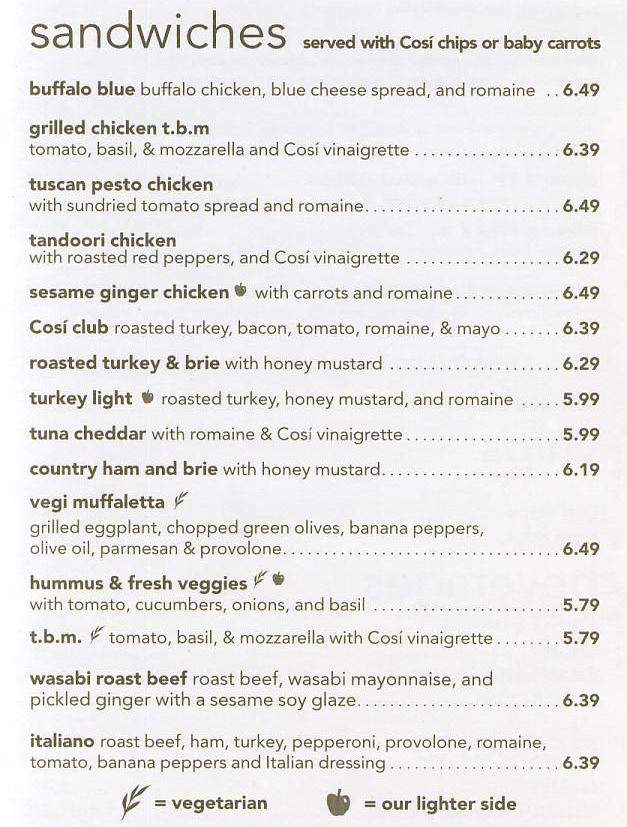 Cosi menu discount