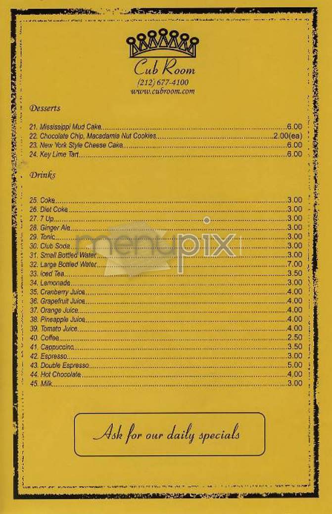 Cub Room - New York, NY menu_pic