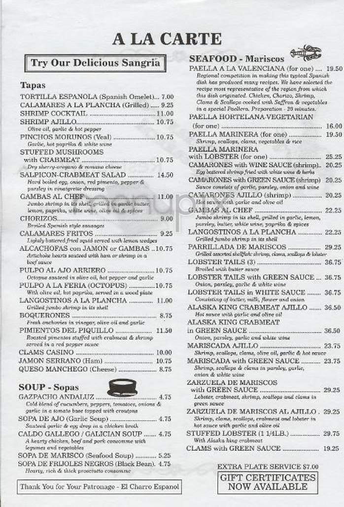 El Charro Espanol - New York, NY menu_pic