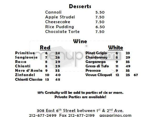 Gasparino's Pasta Joint - New York, NY menu_pic