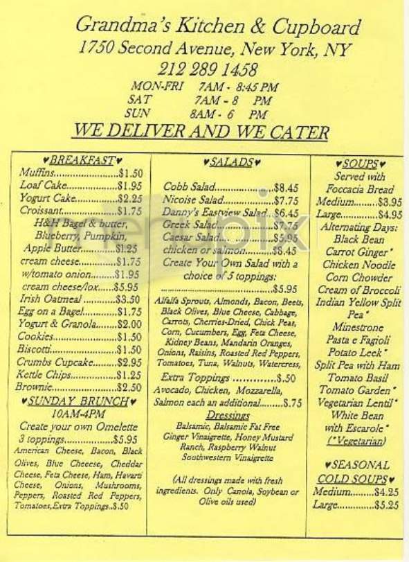Grandma's Kitchen & Cupboard - New York, NY menu_pic