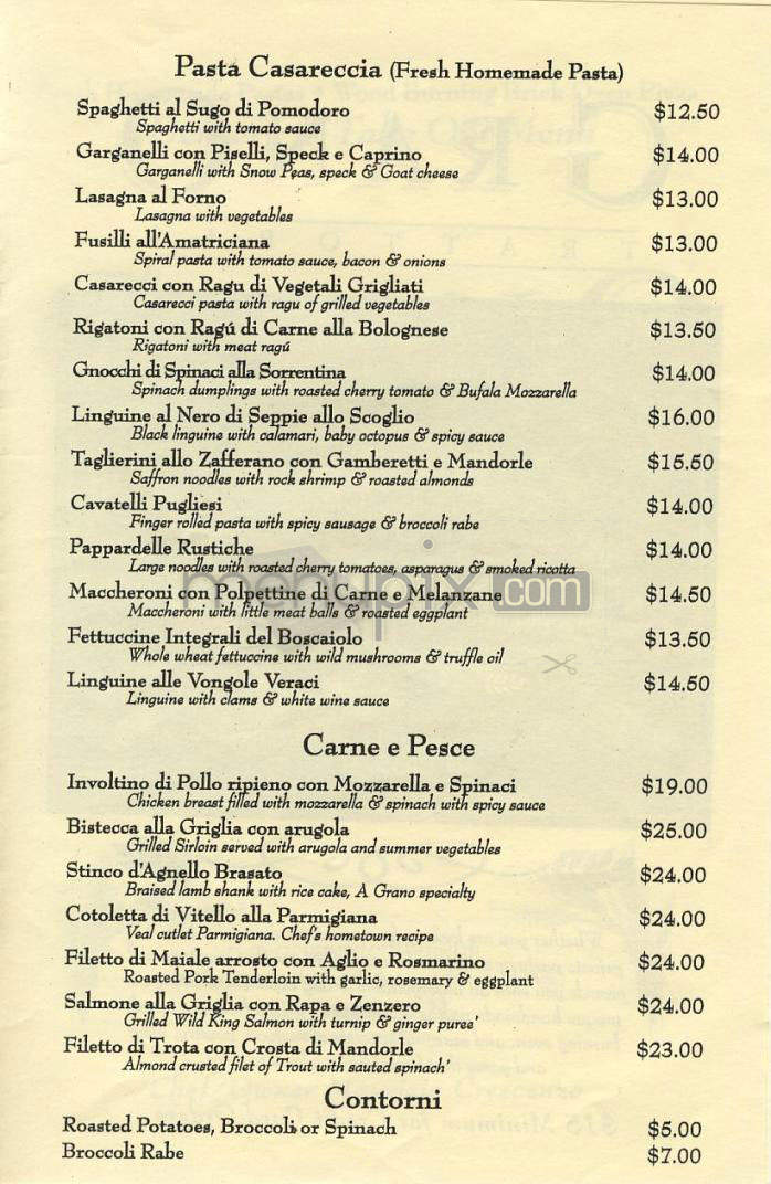 Grano Trattoria - New York, NY menu_pic