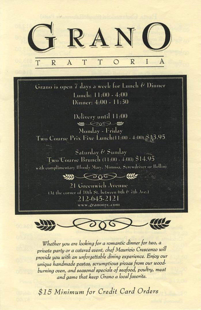 Grano Trattoria - New York, NY menu_pic
