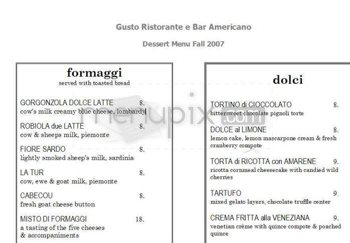 Gusto Ristorante e Bar Americano - New York, NY menu_pic