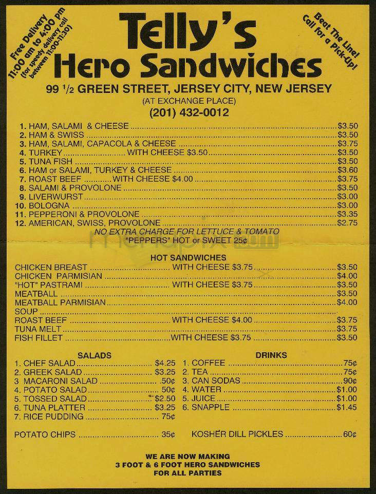 Telly's Hero Sandwiches - Jersey City, NJ menu_pic