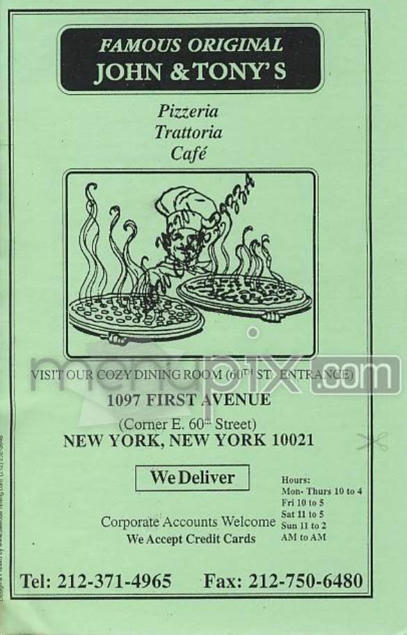 John & Tony's Pizzeria - New York, NY menu_pic