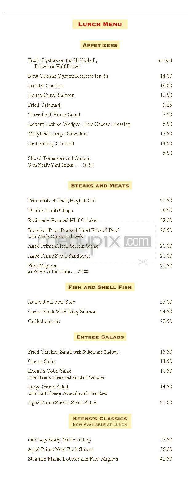Keen's Steakhouse - New York, NY menu_pic