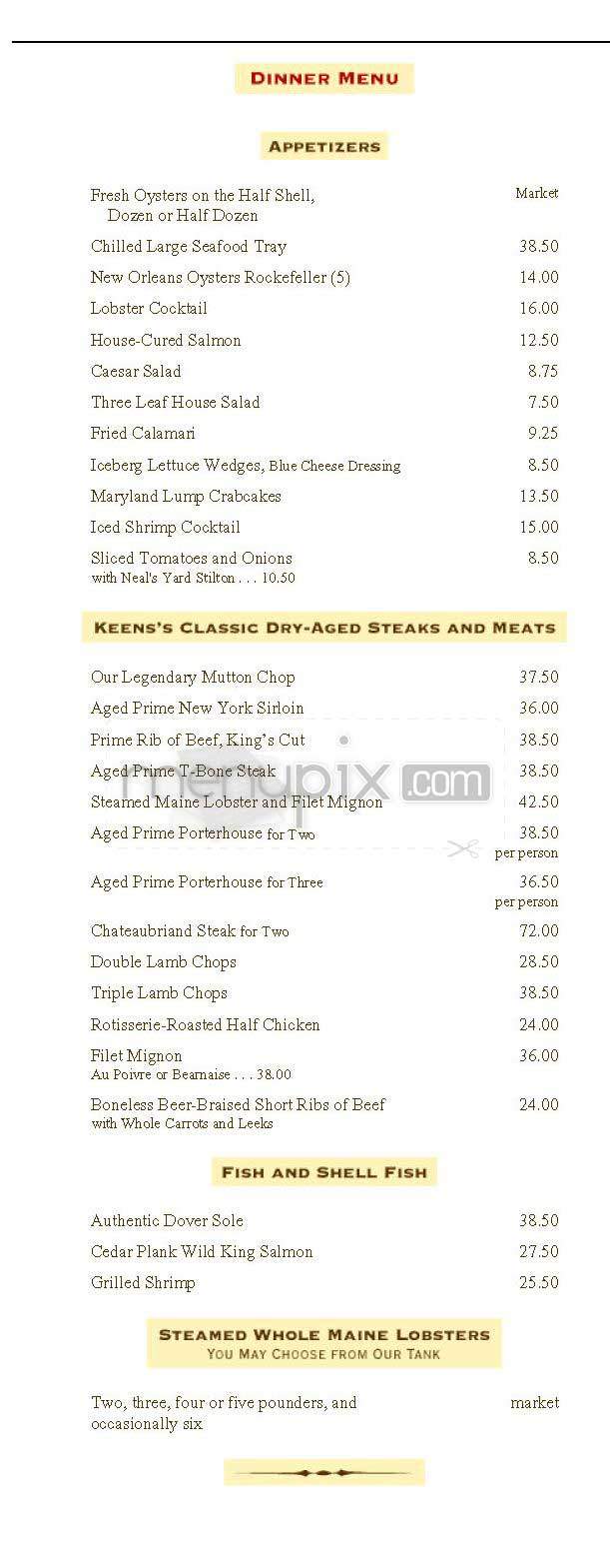 Keen's Steakhouse - New York, NY menu_pic