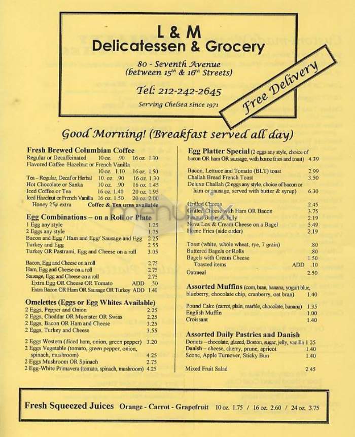 Menu Of L M Deli Grocery In New York Ny