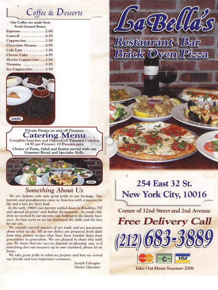La Bella's - New York, NY menu_pic