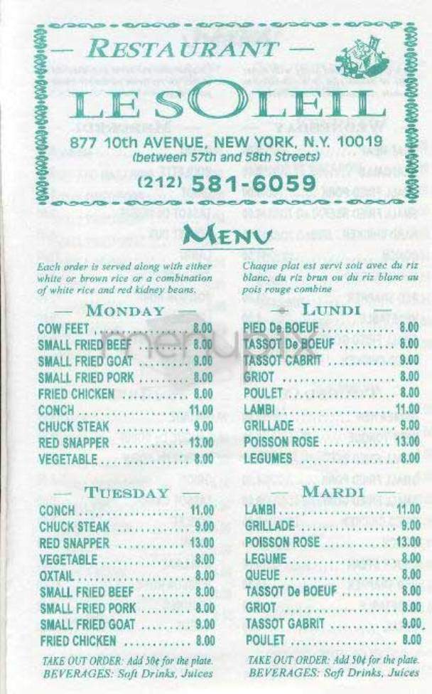 La Soliel - New York, NY menu_pic