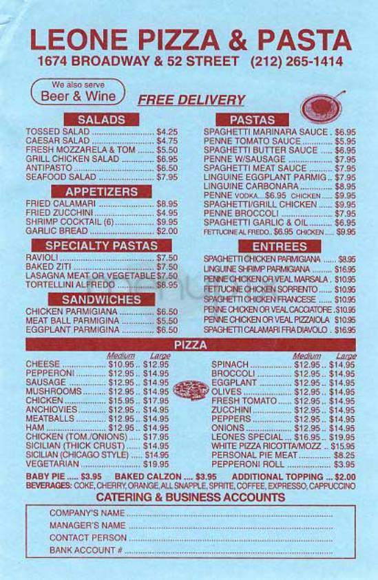 Leone Pizza & Pasta - New York, NY menu_pic