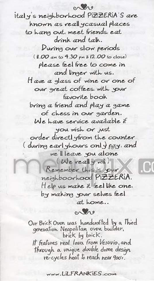 Lil' Frankies Pizza - New York, NY menu_pic