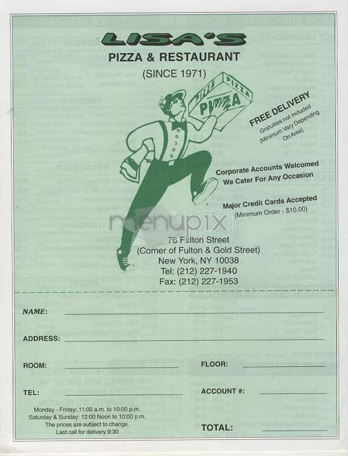 Lisa's Pizzeria - New York, NY menu_pic