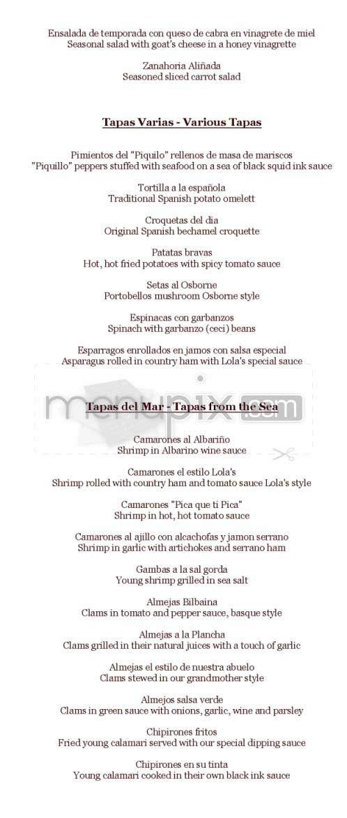 Lola's Tapas Bar - Hoboken, NJ menu_pic